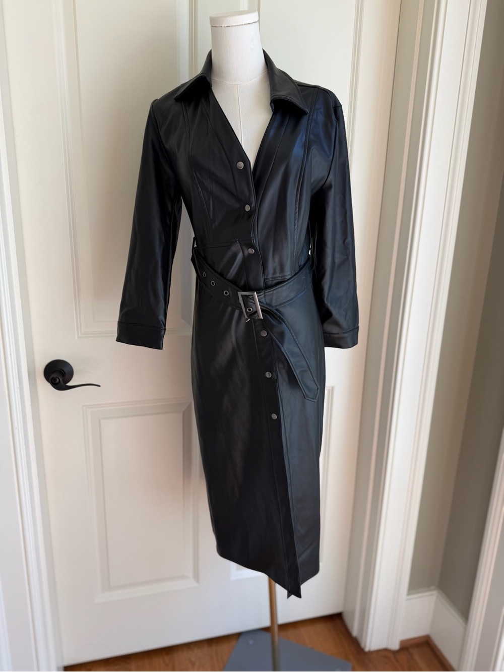 Steve Madden Black Faux Leather Belted Trench Coat